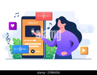 Female character listen to podcast on smartphone screen flat illustration vector template, Webinar concept, online course or tutorial, Radio, Webcast Stock Vector
