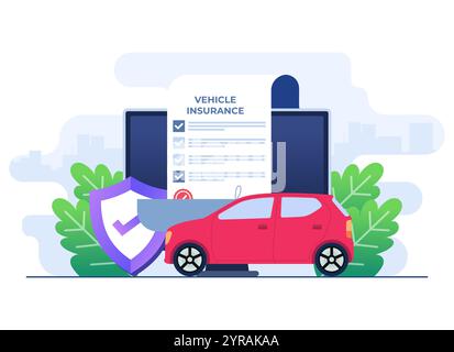 Online vehicle insurance flat illustration, Car insurance policy, Auto insurance, Car safety, assistance and protection concept for, ui, web design, l Stock Vector