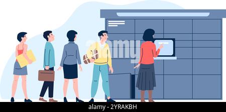Postal locker. Waiting line to postomat. People receive and send parcels, stand in queue with boxes. Post self service terminal, recent vector scene Stock Vector
