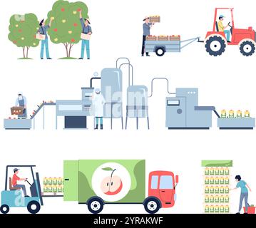 Juice production process. Farmers harvest apples from trees, transportation on food factory. Fresh drink making on manufacture, recent vector scenes Stock Vector