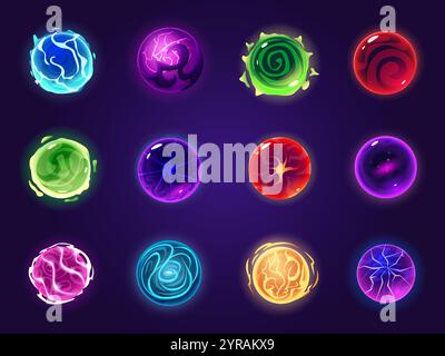 Cartoon magic spheres. Toxic gas hot magma iced globes. Vibrant planets, purple green red blue fantasy game ui elements, nowaday vector set Stock Vector