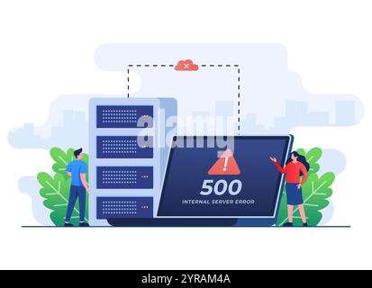 500 Internal server error concept flat illustration, Website error, Network error, Cloud computing concept for landing page, web design, banner, infog Stock Vector