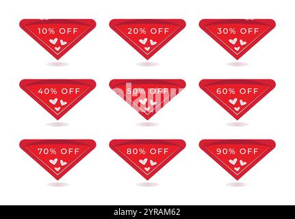 Set of red discount triangular banners with white hearts, coupons in many percentage variations, offer from 10% to 90%, triangle button to increase sa Stock Vector