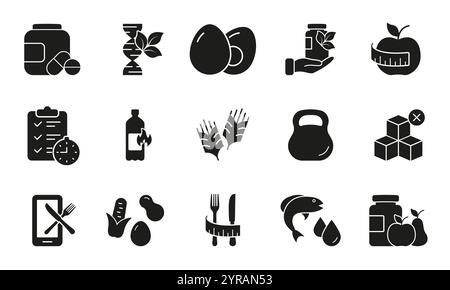 Nutrition and Wellness Silhouette Icon Set for Fitness and Diet Planning. Organic Food and Supplement Symbols for Health and Weight Management Stock Vector