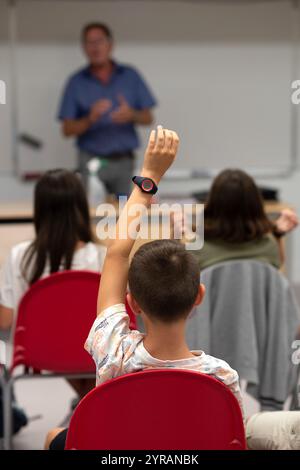 Class in a secondary school: student sitting at his desk raising his hand to ask a question to his teacher standing in front of the white board *** Lo Stock Photo