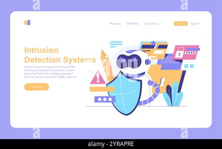 AI Cybersecurity concept. Digital robot guarding data with shield and alert on website interface. Network protection and technology safety. Vector illustration. Stock Vector