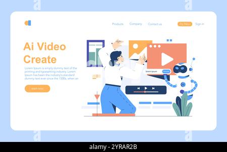 AI Hobbyist concept. A person collaborates with a robot to create videos, showcasing the synergy between human creativity and AI technology. Vector illustration. Stock Vector