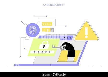 Cybersecurity concept. Digital protection of sensitive data with secure login and encryption. Internet safety and privacy measures. Vector illustration. Stock Vector