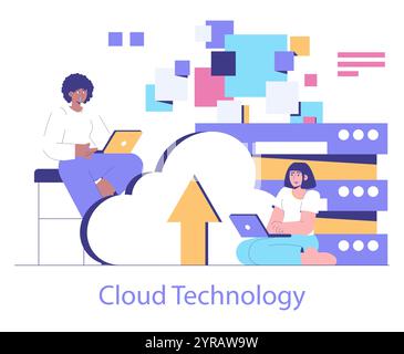 Cloud Technology concept. Professionals interact with cloud computing systems for data access and storage. Seamless collaboration and digital workflow in the modern tech environment. Vector illustration. Stock Vector