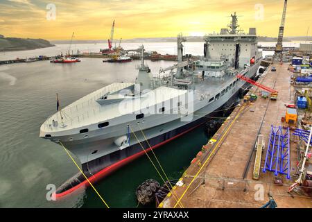 Falmouth Cornwall outer harbour dock area with RFA A136  Tidespring a fuel and supply ship for the Royal Navy Stock Photo