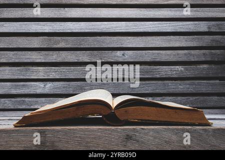 An old open book on a wooden bench. Stock Photo