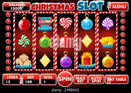 Casino slot machine, game UI design, gambling mobile app concept for the Christmas themed Casino Game. The slot game user interface with basic buttons Stock Vector