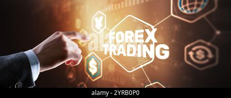 Businessman touching finger on the virtual screen and selecting Forex Trading Stock Photo
