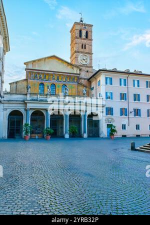 Facade of Basilica di Santa Maria in Trastevere on Piazza di Santa Maria in Trastevere, Rome, Italy Stock Photo