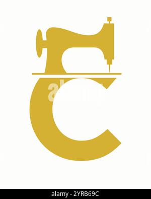 Initial Letter C Tailor Logo Design with Tailoring Machine Symbol Concept For Embroider, Textile, Cloth and Fabric Template Stock Vector