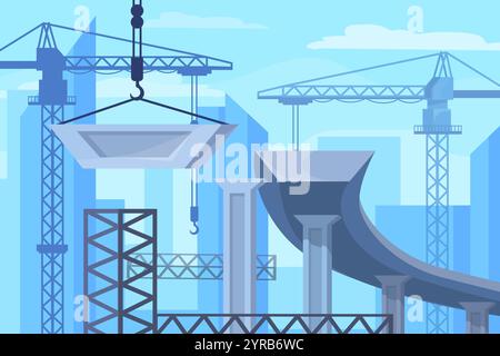 Bridge construction process. Bridges pont constructing, bridgework steps road building working concrete pillars infrastructure city architecture foundation neat vector illustration original artwork Stock Vector