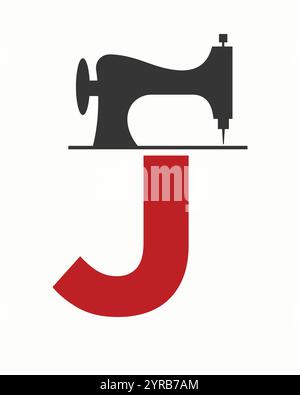 Initial Letter J Tailor Logo Design with Tailoring Machine Symbol Concept For Embroider, Textile, Cloth and Fabric Template Stock Vector