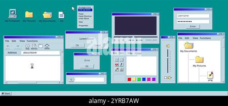 Retro empty window. Old windows 95 system interface, vintage computer application frame template pc software message display screen blank elements 1990s, classy vector illustration original artwork Stock Vector