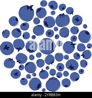 Round composition of blueberries. Vector Outline graphic style. Design element for packaging, eco bags, dishes, websites, emblems, shops, fabrics Stock Vector