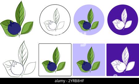 fresh blueberry with leaves logo on colored background. Vector graphic line illustration. Ripe juicy whortleberry for advertising, label, packaging de Stock Vector