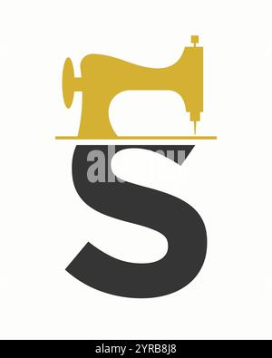 Initial Letter S Tailor Logo Design with Tailoring Machine Symbol Concept For Embroider, Textile, Cloth and Fabric Template Stock Vector