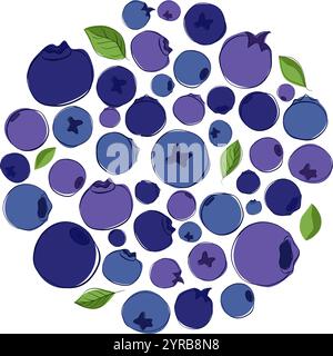 Blueberries with leaves round circle composition isolated on white background. Graphic line vector illustration for logo Stock Vector