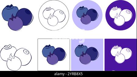 fresh blueberries composition graphic line logo isolated on colored background. Vector illustration. Ripe juicy whortleberry blue berries for advertis Stock Vector
