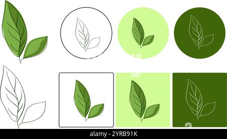 Green leaf vector logo icon on colored background. Collection graphic line of leaf illustrations. Element design for natural, eco-friendly, recycling Stock Vector