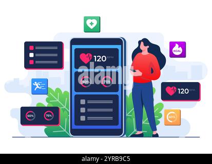 Digital health concept flat illustration vector template, Monitoring heart rate in a smartphone, Fitness tracker mobile app Stock Vector