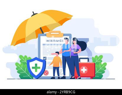 Family insurance policy concept flat illustration vector template, Family protection, healthcare and medical coverage Stock Vector