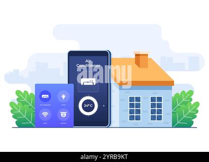 Smart home application concept, Home automation, Controlling air conditioner using a smartphone, Remote home control technology, house technology syst Stock Vector