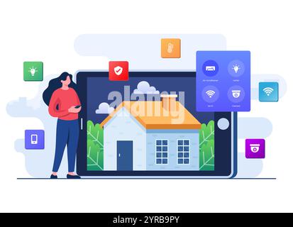 Smart home application concept, Home automation, Woman controlling air conditioner using a smartphone, Remote home control technology, house technolog Stock Vector