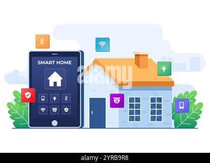 Smart home application concept flat illustration, Home automation, Controlling house devices using tablet, Remote home control technology, house techn Stock Vector