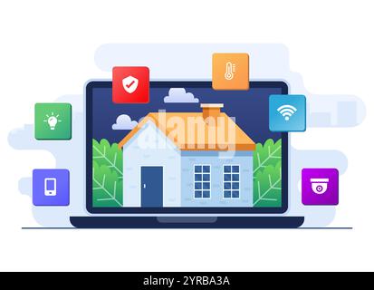 Smart home application concept flat illustration, Home automation, Controlling house devices using laptop, Remote home control technology, house techn Stock Vector