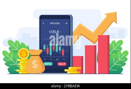 Stock trading, Financial app, Analyzing economic growth, Business investment, Strategy, Stock market statistics, Stock market trends, Technical analys Stock Vector