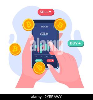 Hand-holding mobile phone with financial app on screen to buy or sell shares of stock market, Profit from currency exchange services, Bitcoin, Investm Stock Vector