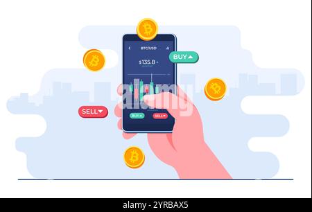 Hand-holding mobile phone with financial app on screen to buy or sell shares of stock market, Profit from currency exchange services, Bitcoin, Investm Stock Vector