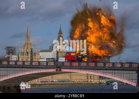 LONDON, UK - Febuary 7 2016. A dramatic scene unfolds as a red double ...