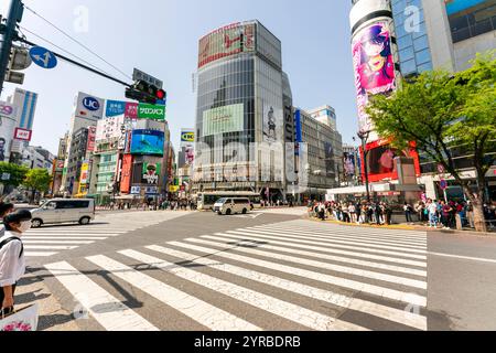 Wide angle shot of the famous Shibuya scramble crossing on a sunny springtime day with blue sky. Red stop light over head, people waiting to cross. Stock Photo