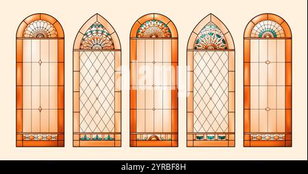 Church glass windows. Catholic Christian frames. Warm colors. Stock Vector