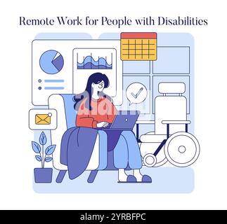 Inclusion concept. A woman with a disability working from home, highlighting accessibility in remote employment. Accessible workplace, digital proficiency, empowerment. Vector illustration. Stock Vector