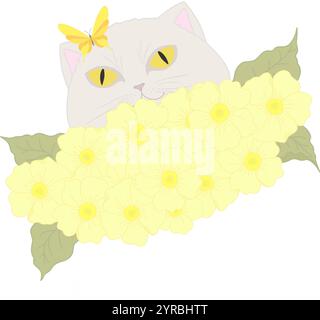 Illustration of a white cat peeking over pink flowers with a yellow butterfly on its head. Stock Vector