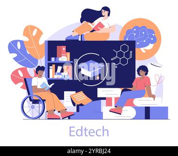 Edtech concept. Diverse students engaged in online learning with digital devices and educational icons. Inclusive education and technology integration. Vector illustration. Stock Vector
