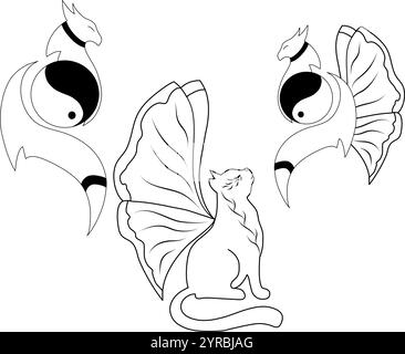A striking black and white illustration featuring a central cat surrounded by elegant dragon-like silhouettes. Stock Vector