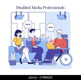 Inclusion in media concept. Colleagues with and without disabilities collaborating in a modern workplace. Diversity and accessibility in professional settings. Vector illustration. Stock Vector