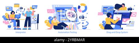 Development Process Automation set. Interpreting data with AI, streamlining software testing, and simplifying design workflows. Vector illustration. Stock Vector