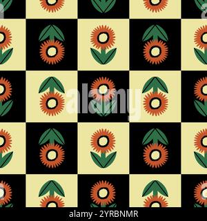 Checkered seamless pattern with flowers. Modern style graphic. Perfect for a poster, cover, fabric, etc. Stock Vector