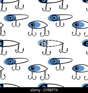 Seamless pattern with lure for fishing. Сoncept of outdoors adventure, back to nature, recreation tourism. Stock Vector