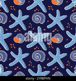 Seamless pattern with seashells, algae, starfish and bubbles. Stock Vector