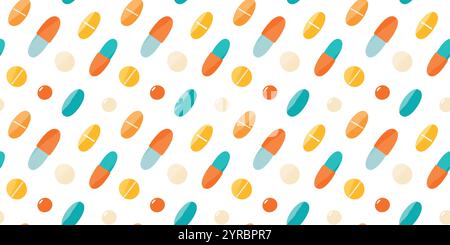 Seamless pattern with pills and capsules on white background. Medicine or dietary supplements. Design for clinics, hospitals, pharmacies, etc. Stock Vector